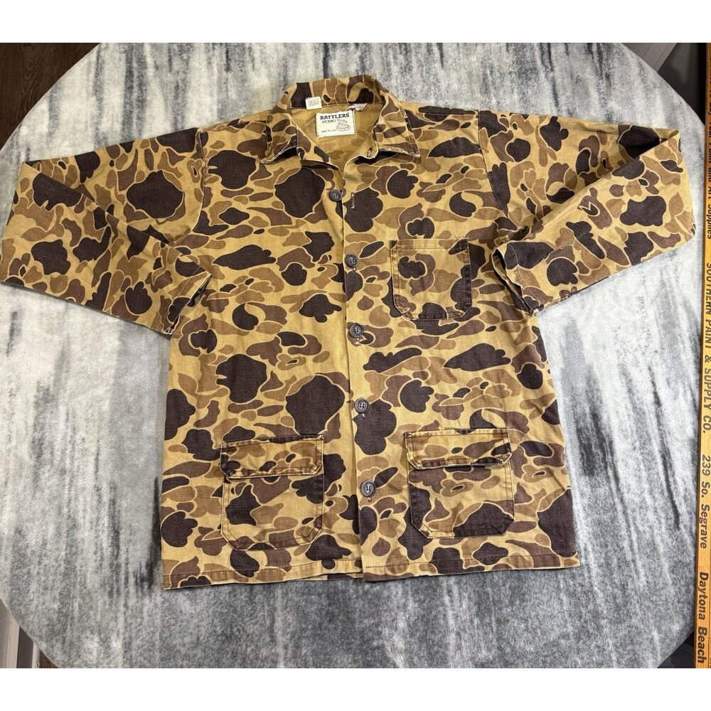 Rare Vintage 1980’s Rattlers Brand Light Brown Camo Button Up Shirt, Size Sm/Md